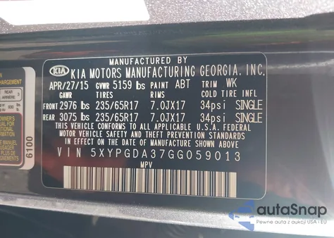2016 Kia Sorento 2.4L Lx from USA, damaged, VIN 5XYPGDA37GG059013